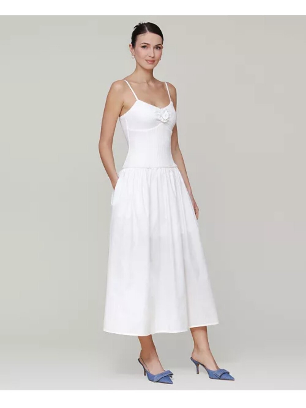 Avec Les Filles XL White Cotton Maxi Dress Rosette Drop Waist Cottagecore $168
